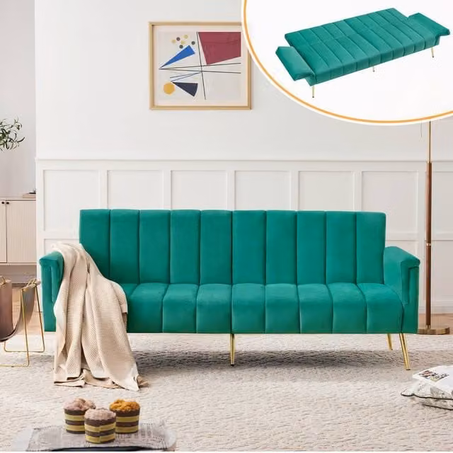 Matteo Modern Green Velvet Click-Clack Sofa Bed with Adjustable Headrest, W/D/H: 140 x 190 cm