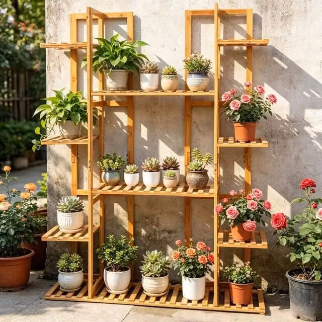 EONLION 17-Tier Brown Bamboo Potted Plant Stand Rack for Indoor and Outdoor Use, W/D/H: 123 x 89 x 20 cm