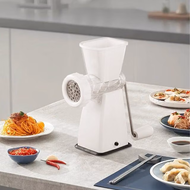 Komore White Non-Slip Manual Meat Grinder with Sausage Stuffer Tube and Plastic Components
