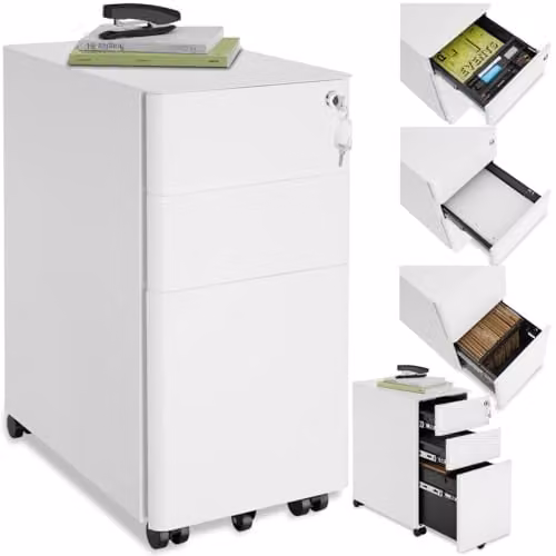 tectake Lockable Mobile Filing Cabinet in White Steel with 2 A4 Drawers and 1 Hanging File Drawer – 1