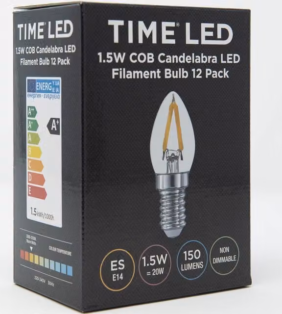 TIMELED 12 Pack Small Candle COB LED Light Bulbs, 1.5W E14, Warm White, Clear