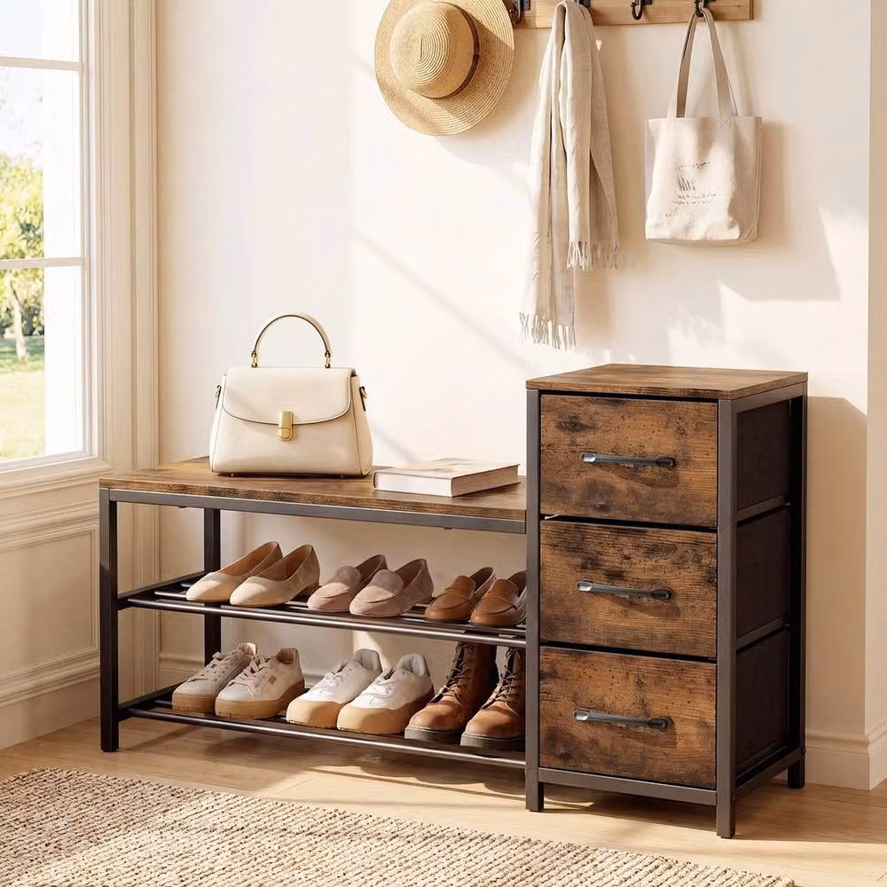 VOGREX Industrial 3-Tier Wooden Shoe Bench with 3 Drawers in Brown – 4