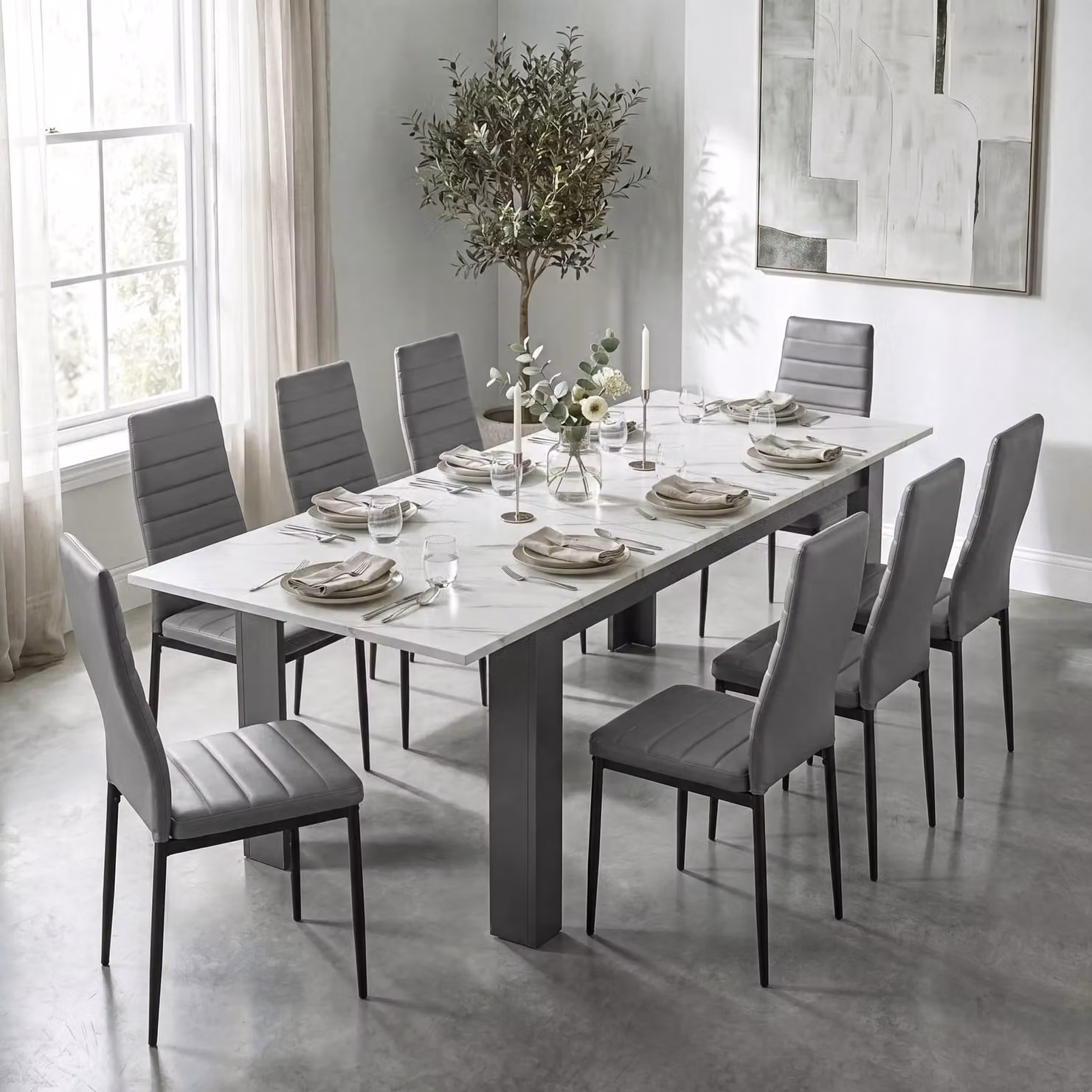 DHS Milo Extendable Dining Table Set with 8 Chairs in White Marble Effect and Grey