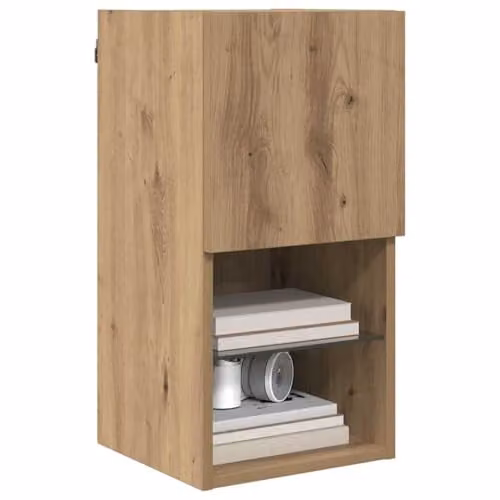 vidaXL Wall-mounted Modern TV Cabinet in Brown Oak with Glass Doors and Integrated Lighting, W/D/H: 60 x 30 x 30 cm – 1