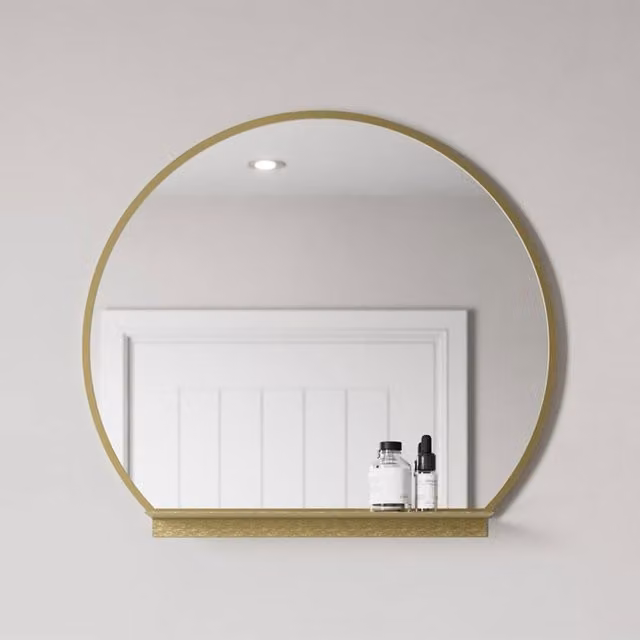 Bathwell Modern Round Wall Mounted Bathroom Mirror with Metal Shelf in Gold or Black