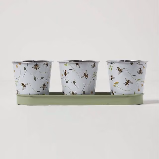 Homescapes Set of 3 Round Metal Tabletop Indoor Plant Pots with Floral Design in Green and White