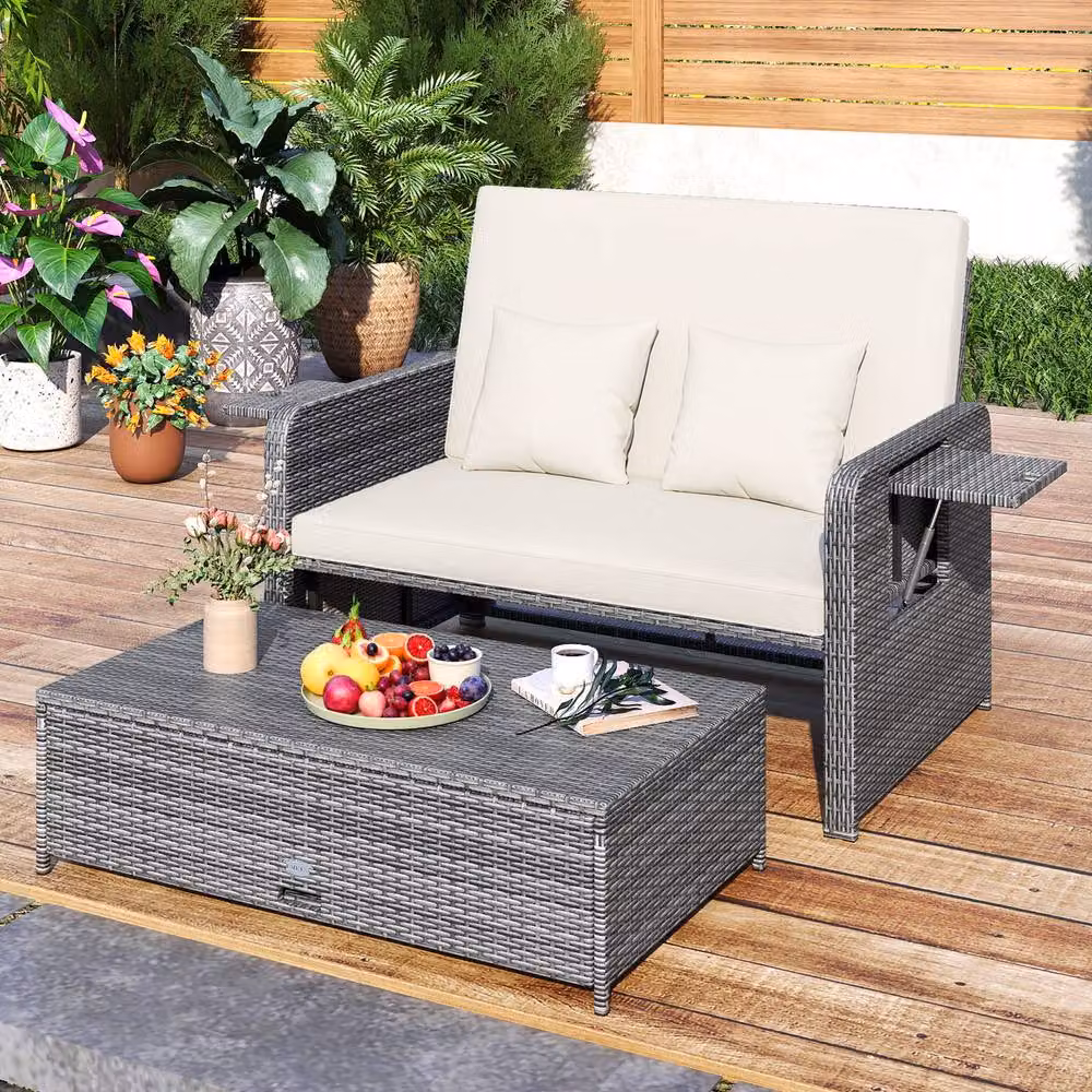 Costway 2-Piece Grey PE Wicker Daybed and Patio Rattan Furniture Set with 4-Level Backrest – 5
