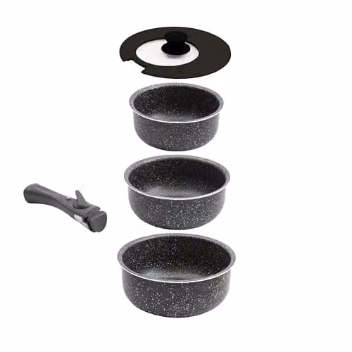 Coopers of Stortford Nesto Set of Three Multicolour Nesting Aluminium and Ceramic Saucepans with Universal Lid and Removable Handle – 1