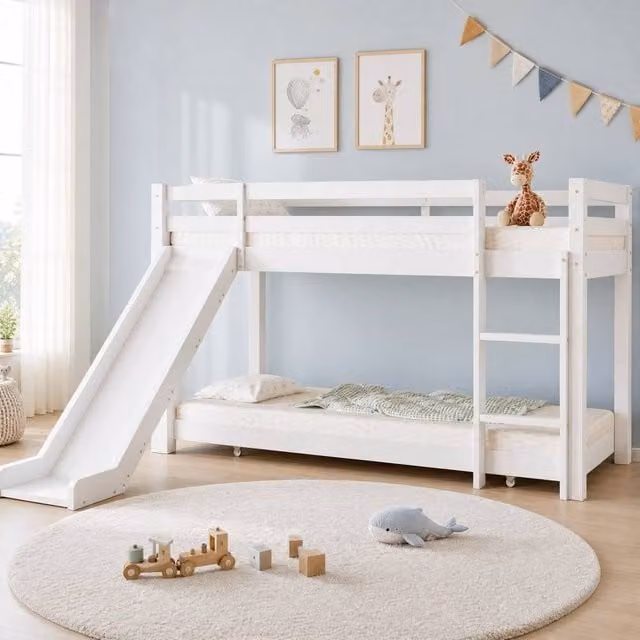 STILVORA Junior Single Bed Frame in White Lacquered Solid Wood, W/D/H: 90 x 200 x 110 cm