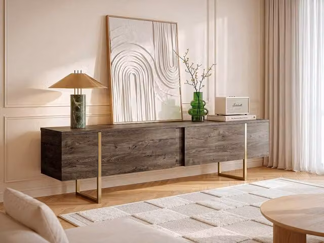Vente-unique ZIRELDA Modern TV Unit with 2 Doors in Walnut and Gold, W: 180 cm, D: 30 cm, H: 50 cm
