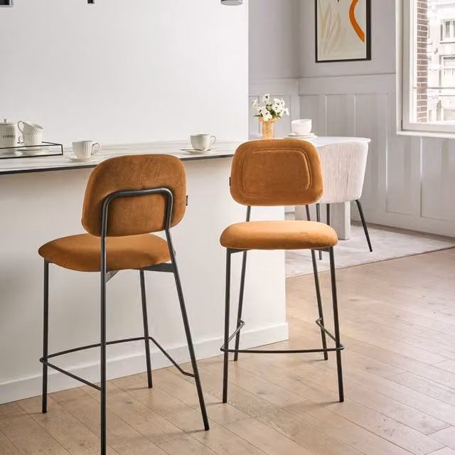 Wyld and Coco Set of 2 Lux Velvet Bar Chairs with Black Metal Frame in Golden Brown