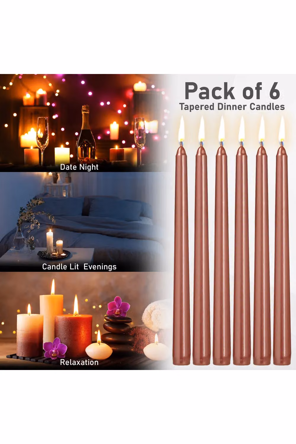 Deco Express Set of 6 Classic Dripless Tapered Metallic Copper Candles – 9