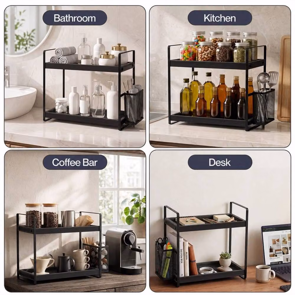 KORVIXA 2 Tier Black Bathroom Countertop Organiser with Pine Wood and Metal Shelving – 5