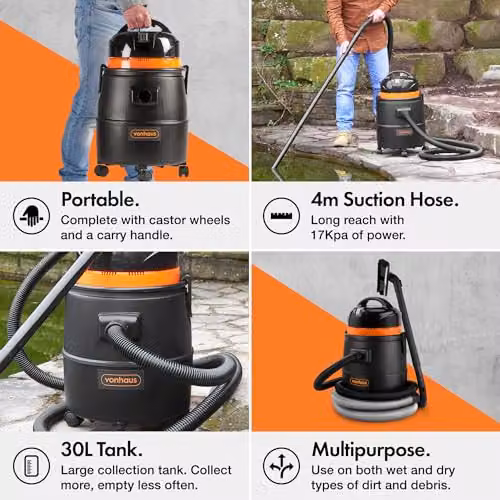 VonHaus 1400W Wet and Dry Pond Vacuum Cleaner in Black with 30L Tank – 3