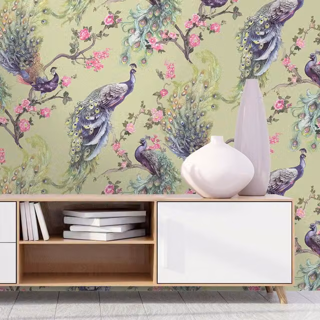 Menali Vintage Botanical and Floral Animal Wallpaper in Green, Grey and Pink