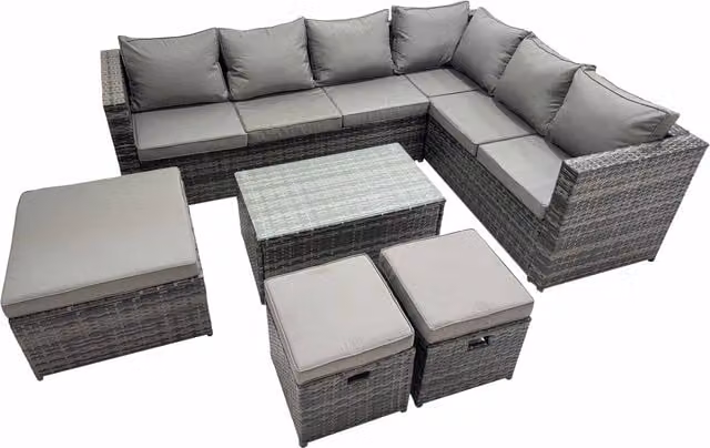 Fimous 9-Seater L-Shape Outdoor PE Rattan Sofa Set with Coffee Table and Ottomans in Dark Grey Mixed