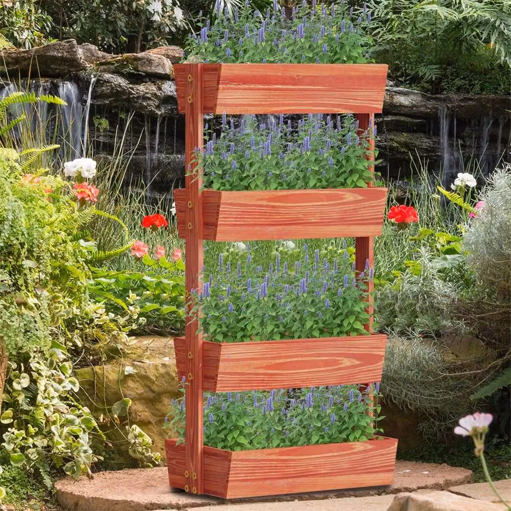 NESTLUNE 4-Tier Stackable Elevated Wooden Raised Garden Bed in Brown – 4