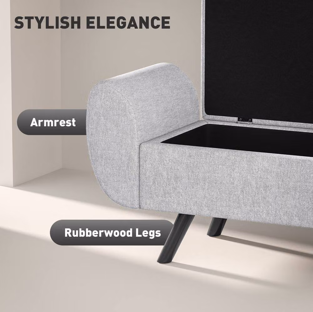 STILVORA Grey Upholstered Storage Ottoman with Armrests and Rubberwood Frame – 4