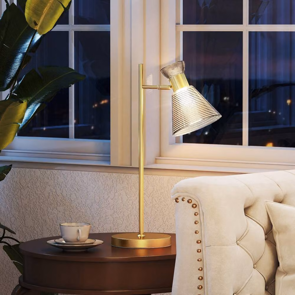 Wyld Haus Saha Modern Gold Table Lamp with Adjustable Flower Head and Amber Glass Shade – 6