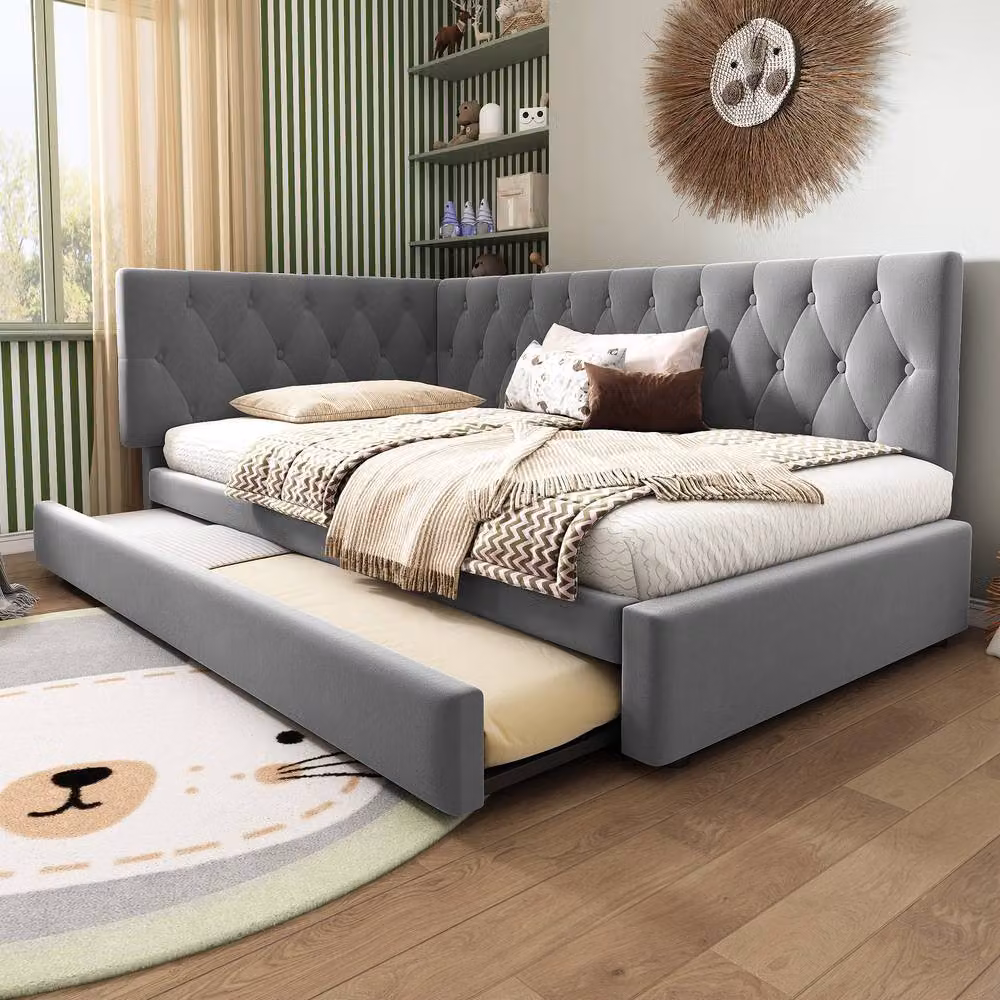 BTM Grey Velvet Daybed with Pull-Out Trundle, W/D/H: 190 x 90 x 83 cm – 6