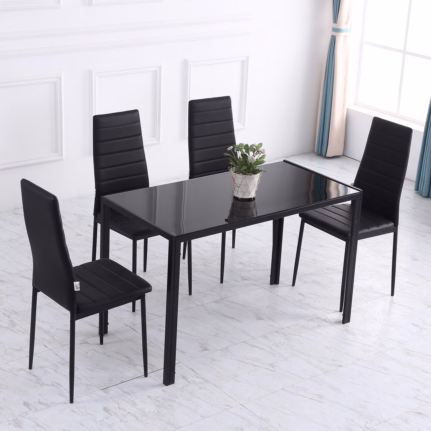 HOMCOM Modern Rectangular Dining Table for 4 People with Black Glossy Tempered Glass Top and Metal Legs – 7