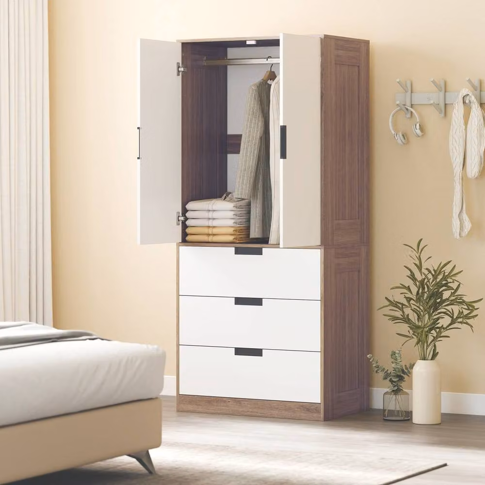 Wyld Haus Coracasa 2 Door Wardrobe with Hanging Rail and 3 Internal Drawers, White and Brown, H 180 x W 80 x D 50 cm – 5