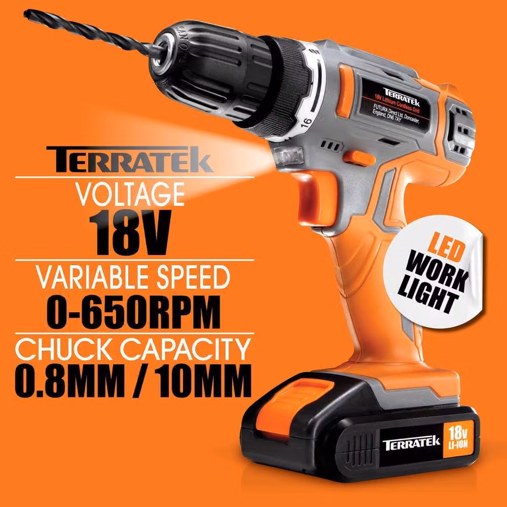 Terratek 18V Cordless Power Drill and Screwdriver Set with Battery and Drill Bits in Grey and Orange – 6