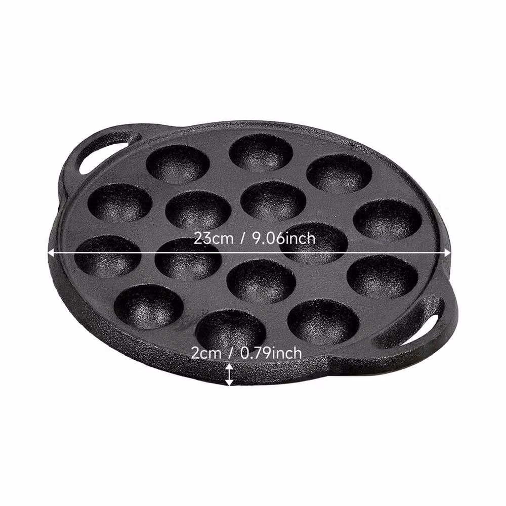 EONLION Black Cast Iron 15-Hole Mini Pancake and Crepe Pan with Double Handles, 23 cm – 2