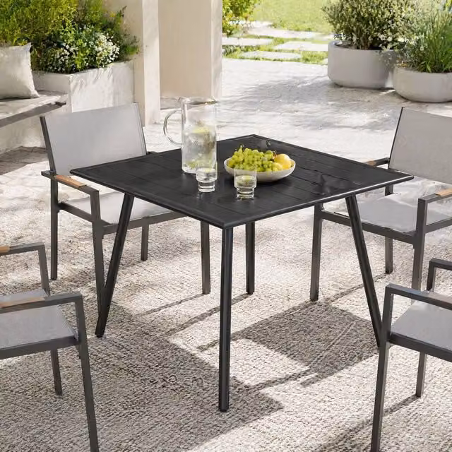 STILVORA Black Metal Garden Dining Table with Slatted Top for 4, W: 80 cm, D: 80 cm