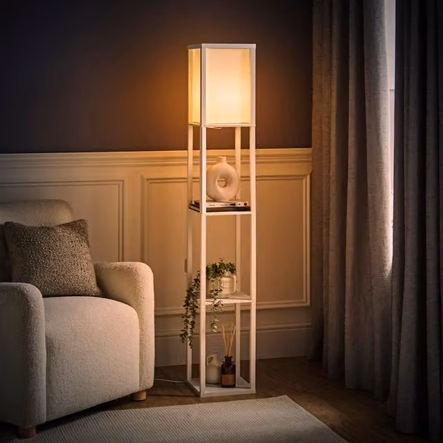 ValueLights Struttura Shelving Unit Floor Lamp with White Fabric Shade and Bulb