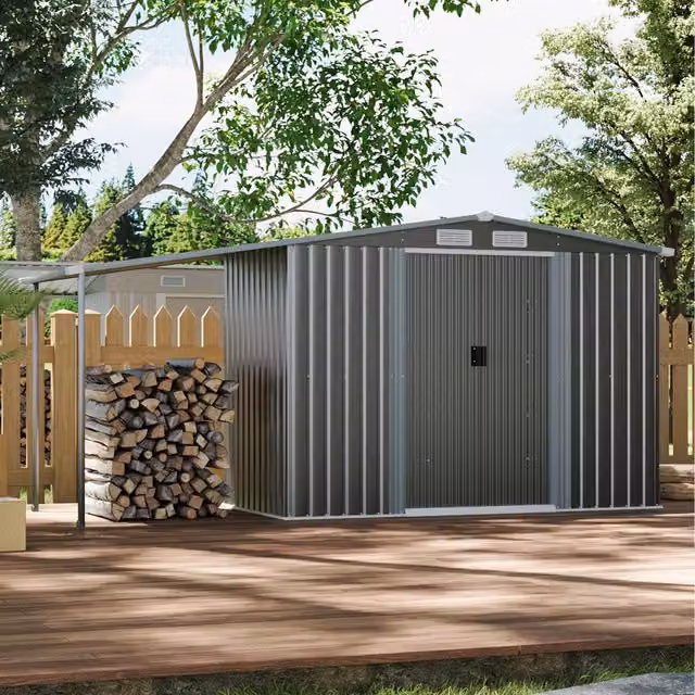 Livingandhome Open Gable Roof Metal Garden Shed with Firewood Rack in Dark Grey, W/D/H: 248 x 120 x 178 cm