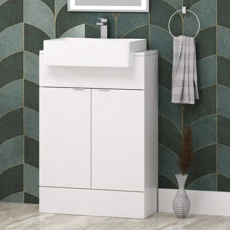 Royal Bathrooms Elena 600mm Gloss White Floor Standing 2 Door Vanity Sink Unit with Semi Recessed Basin