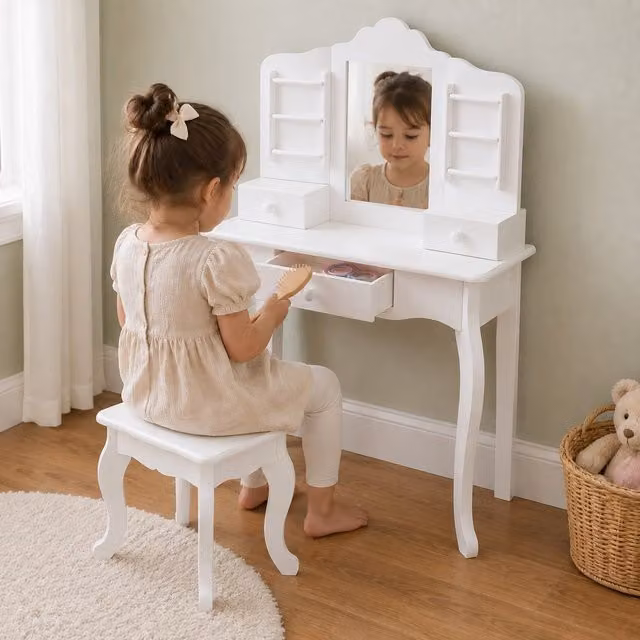 Teamson Fantasy Fields Little Princess Anna Kids Dressing Table and Stool Set in White – 1
