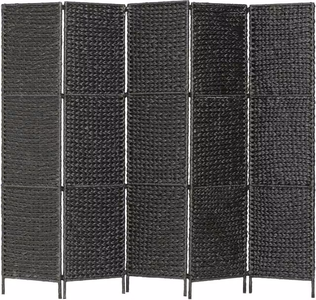 Berkfield Home 5-Panel Room Divider in Black Water Hyacinth and Metal, H 193 cm x W 160 cm