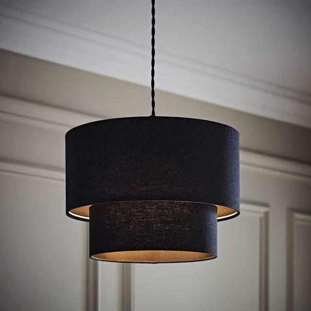 ValueLights Jodie Two Tier Linen Drum Ceiling Lamp Shade in Black and Green