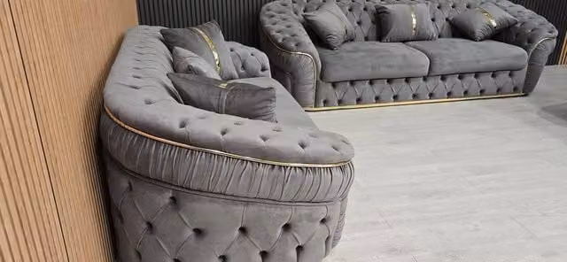 Celebrity Interiors Ambassador 3+2 Seater Sofa Set in Grey Plush Velvet with Gold Accents – 1