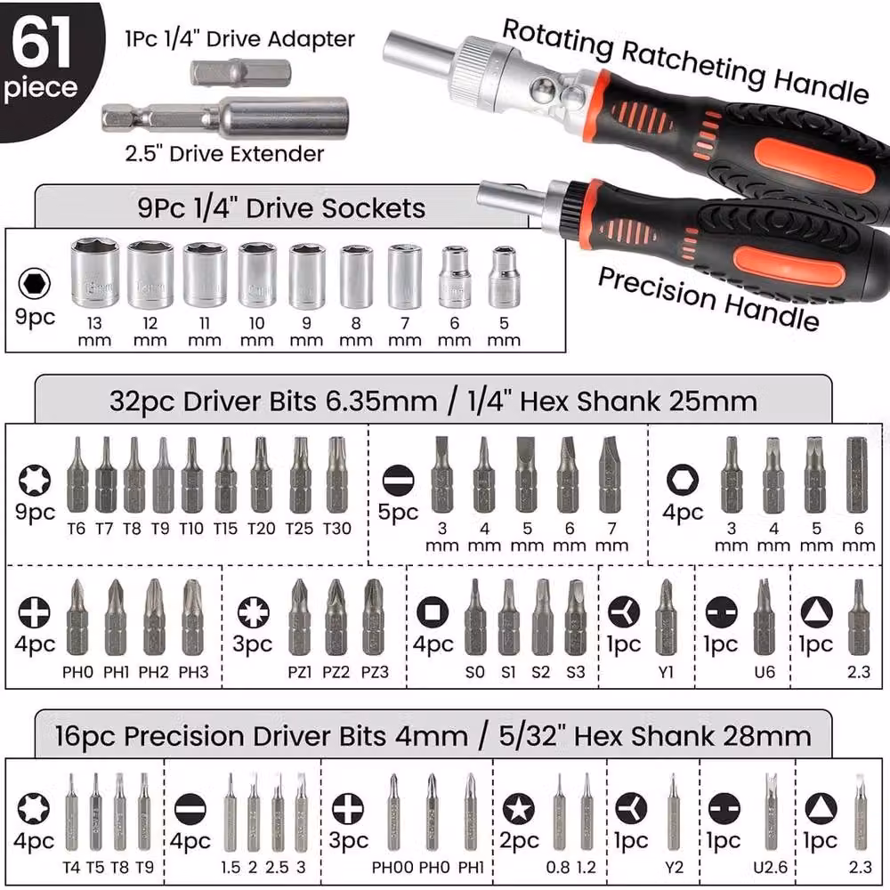 VOGREX 61-piece Chrome Vanadium Screwdriver Bit Socket Set with 1/4 inch Hex Torx and Right-Angle Bits in Multicolour – 3