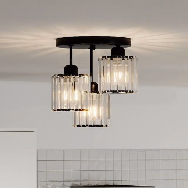 Emitto Modern Crystal Semi Flush Ceiling Light in Black and Silver with 3 x E27 Bulbs