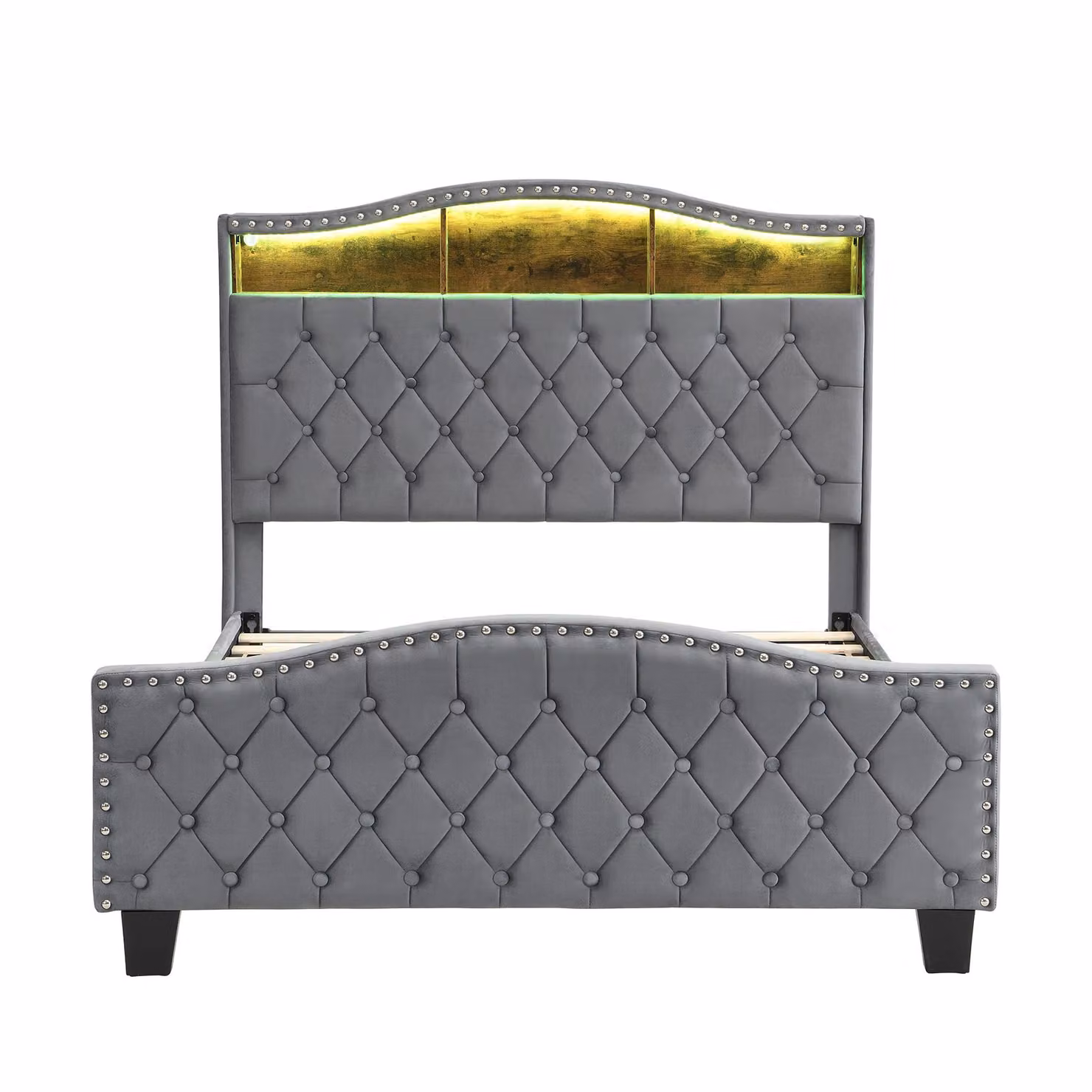 Aosom UK Grey Velvet Upholstered Double Bed with Built-in Bedside Storage and LED Lighting, H 124 x W 140.5 x D 210 cm – 2