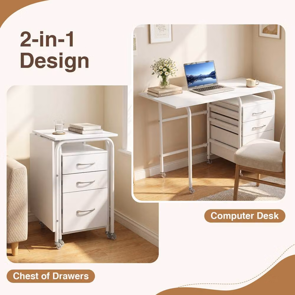 Costway Folding Computer Desk with 3 Drawers in White – 4