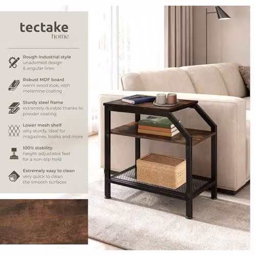 tectake 3-Tier Industrial Style Side Table with Black Metal Frame and Brown MDF Tiers, W/D/H: 58.5 x 36.5 x 59.5 cm – 4
