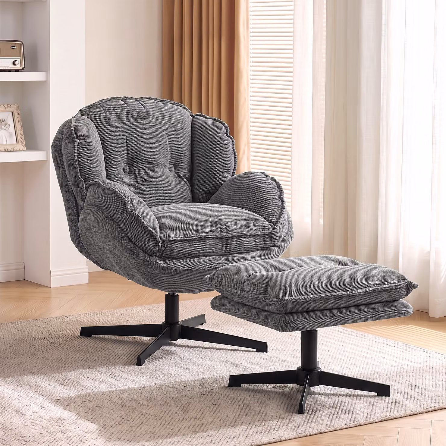 HOMCOM Grey Chenille Swivel Armchair with Adjustable Footstool and Thick Cushion – 2