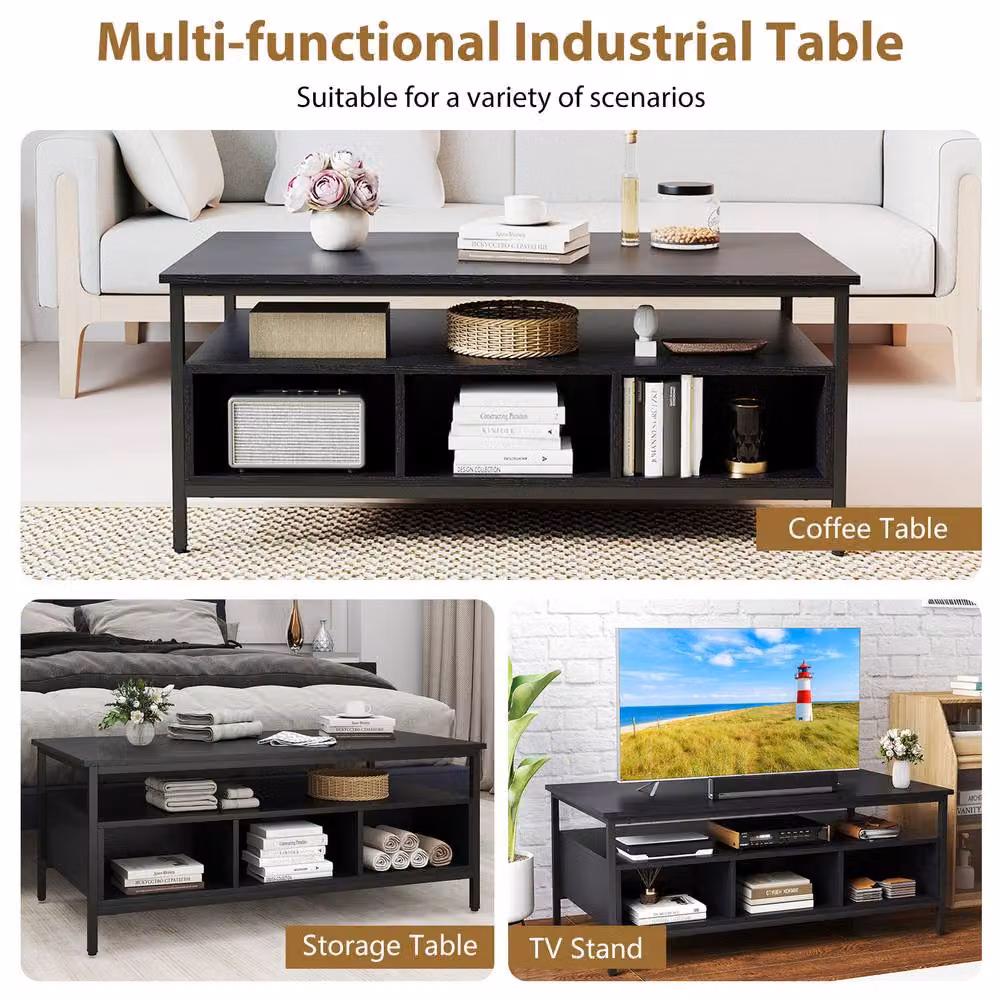 Gymax 3-Tier Rectangular Coffee Table with Shelf, Black Metal and Wood Frame – 7
