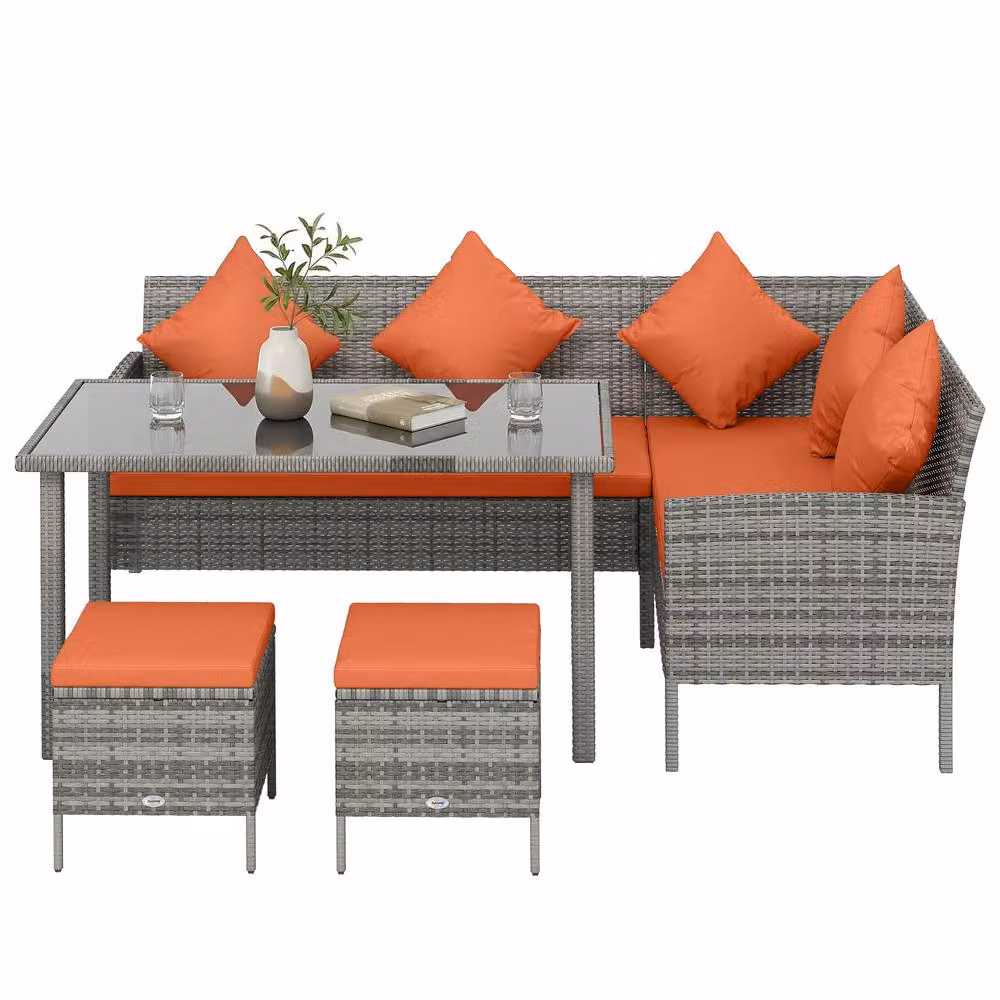 STILVORA 5-Piece Modern Garden Dining Set with Orange Polyrattan and Glass Table – 3