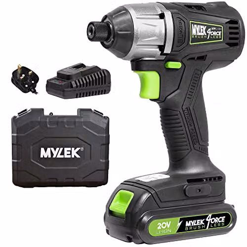 Mylek 4ORCE Cordless Brushless Impact Drill Driver 20V in Black with 2000Ah Battery, Fast Charger, Variable Speed 0-2400RPM, 280Nm, 0-3200BPM and LED Work Light