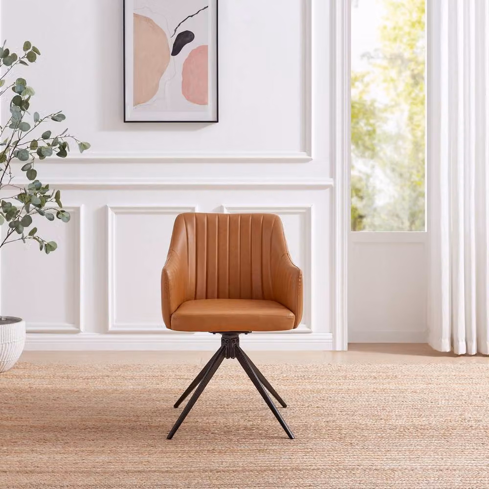 FurnitureboxUK Set of 2 Calla Tan Faux Leather Swivel Dining Chairs – 2
