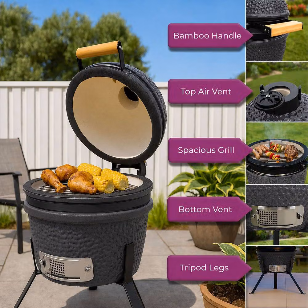 Neo 13 inch Ceramic Mini Kamado BBQ Grill and Portable Smoker in Dark Grey – 2