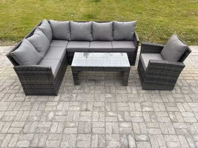 Fimous 7 Seater Rattan Garden Furniture Set with Corner Sofa, Oblong Coffee Table and Armchairs in Dark Grey
