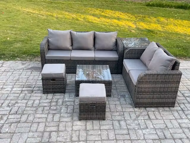 Fimous 7 Seater PE Rattan Garden Furniture Set in Dark Grey with Upholstered Cushions, Square Coffee Table and 2 Footstools