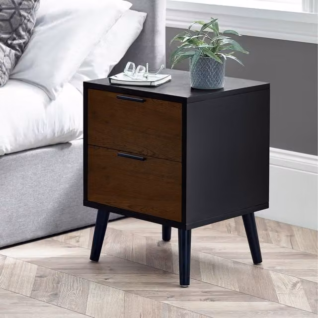 Julian Bowen Alba 2 Drawer Bedside Table in Walnut and Black with Soft Close Drawers